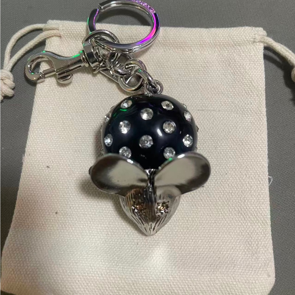 Coach Silver-Tone Mouse Keychain Charm with Black Crystal-Studded Body